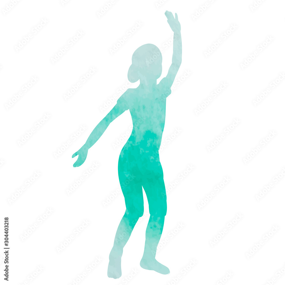 vector, on a white background, green watercolor silhouette girl dancing