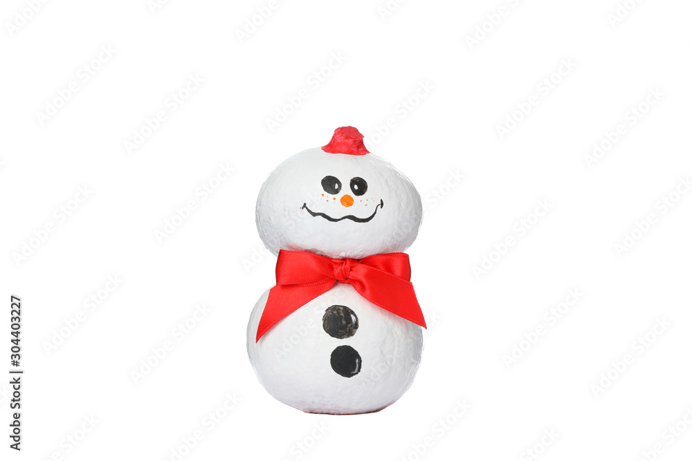 Cute snowman with red bow isolated on white background
