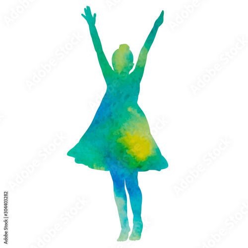 vector, on a white background, green watercolor silhouette girl dancing