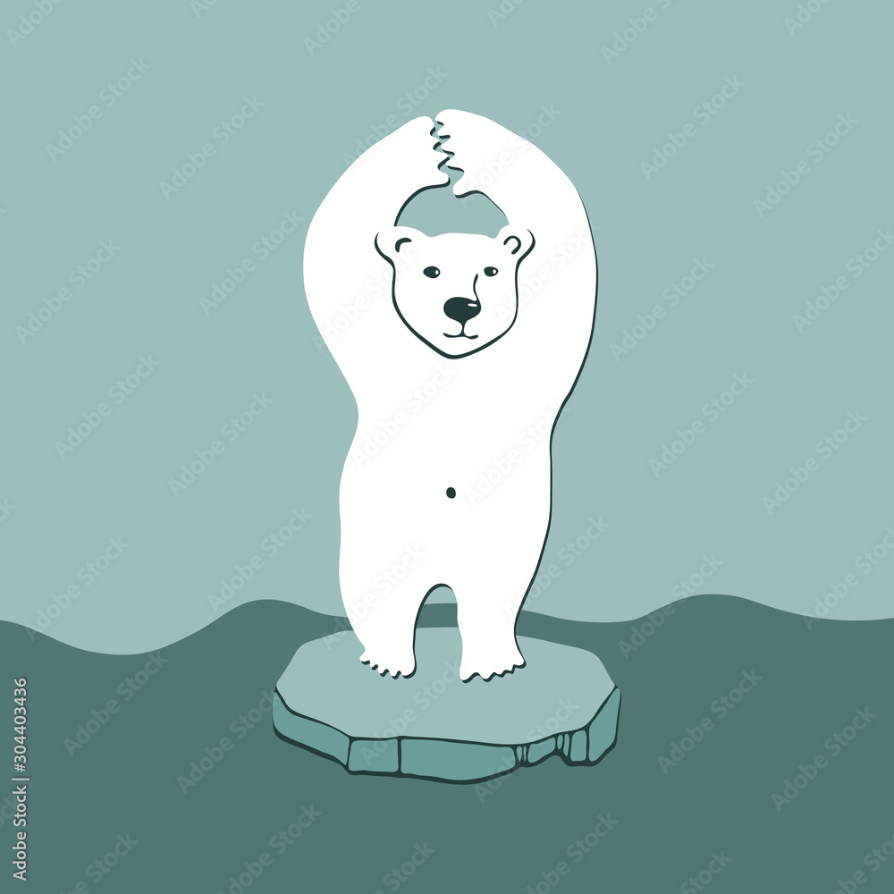 Polar Bear on small melting ice in empty ocean illustration vector graphic. Global warming crisis. Climate change problem concept