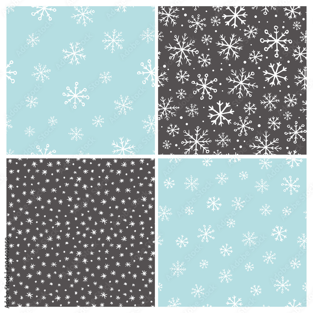 Vector seamless hand drawn snowflakes pattern set. Collection of simple winter backgrounds in doodle style. Vector seamless hand drawn snowflakes pattern set. Collection of simple winter backgrounds in doodle style.