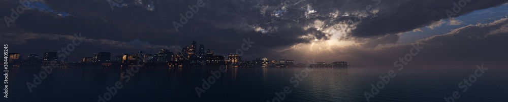 evening city above the water, stormy sky on the evening city. 3d rendering.