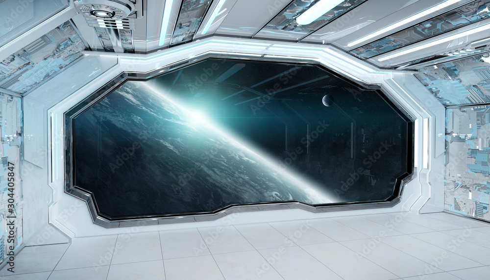 Obraz premium White blue spaceship futuristic interior with window view on planet Earth 3d rendering