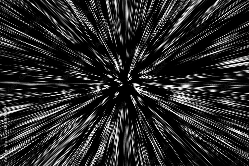 Obraz premium Bokeh white lines on black background, abstraction, abstract speed light motion blur texture, star particle or space traveling, black and white extrusion effect