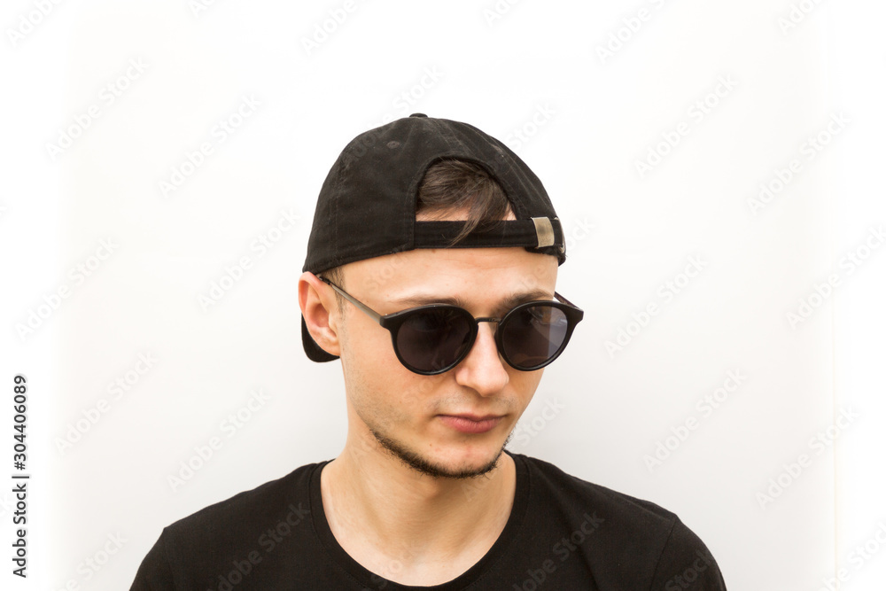 emotion looking, young man in black cap and black glasses on a white background, people emoji emotion looking, young man in black cap and black glasses on a white background, people emoji