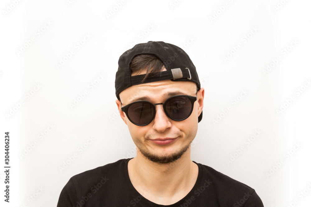 emotion neutral, young man in black cap and black glasses on a white background, people emoji emotion neutral, young man in black cap and black glasses on a white background, people emoji