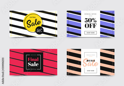 Set of sale gift card templates. Stripes covers design. Vector backgrounds. Applicable for gift card, banners, social media.