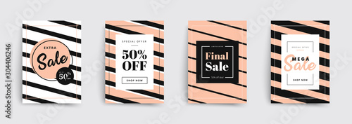 Set of sale brochures templates. Stripes covers design. Trendy colorful bubble shapes composition. Vector backgrounds. Applicable for covers, placards, posters, flyers and banner designs.