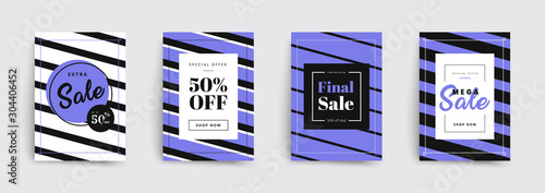 Set of sale brochures templates. Stripes covers design. Trendy colorful bubble shapes composition. Vector backgrounds. Applicable for covers, placards, posters, flyers and banner designs.