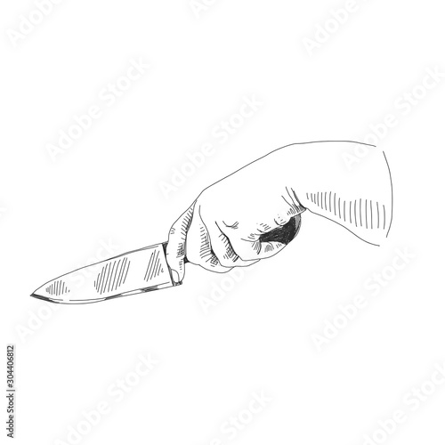Hand with knife hand drawn sketch illustration