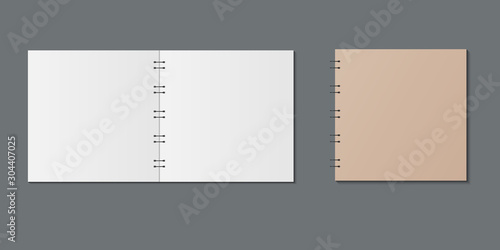 Vector realistic opened and closed notebook. Blank open and closed realistic notebook. Mock up template. Vector illustration. 