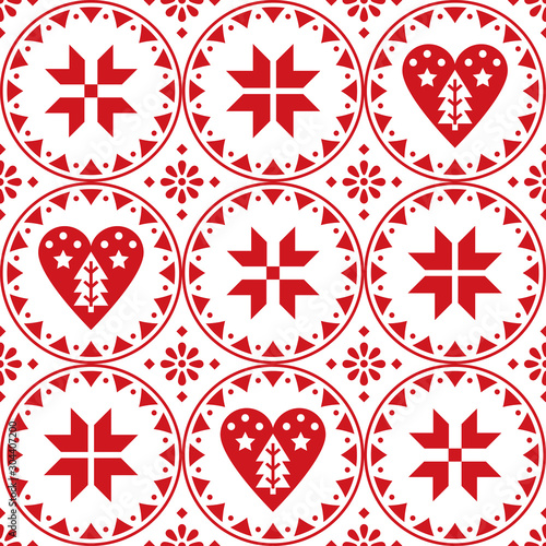 Scandinavian Christmas seamless vector pattern with snowflakes, hearts and Christmas trees - Nordic folk art style
