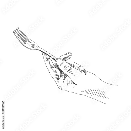 Hand holding fork black and white illustration