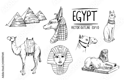 Objects of Egypt: camel, pyramids, sphinx, gods. Hand drawn sketch converted to vector. Isolaten on white background