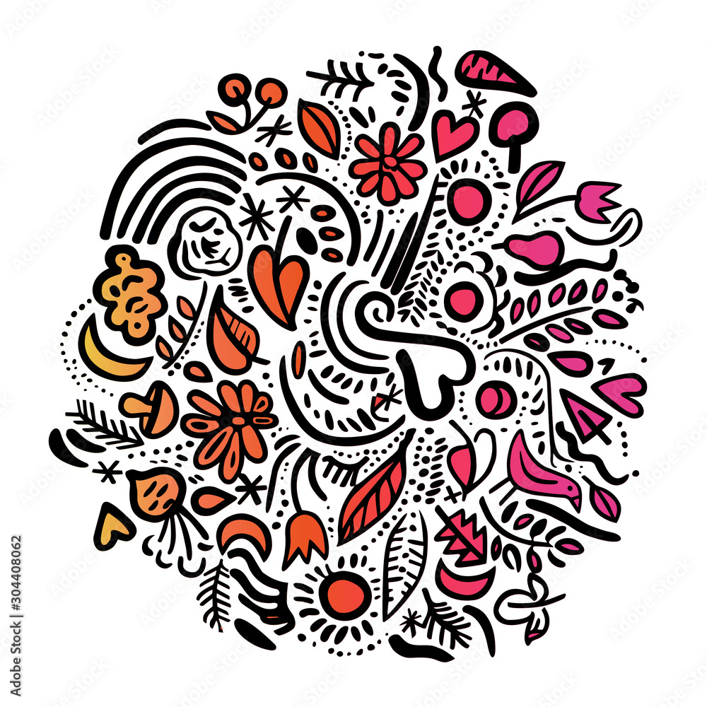 World Environment Day. Round ornamental illustration. Planet Earth, small nature, ecology, bio, eco symbols to celebrate the ecosystem. Calligraphic flowers, heart, birds, black outline, gradient