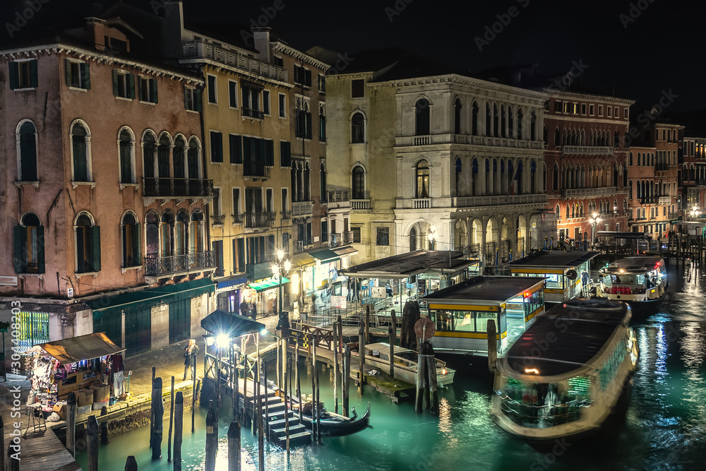 City life in Venice's Grand Canal at night