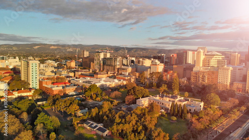 ADELAIDE  AUSTRALIA - SEPTEMBER 15  2018  Aerial view of city skyline on a beautiful afternoon