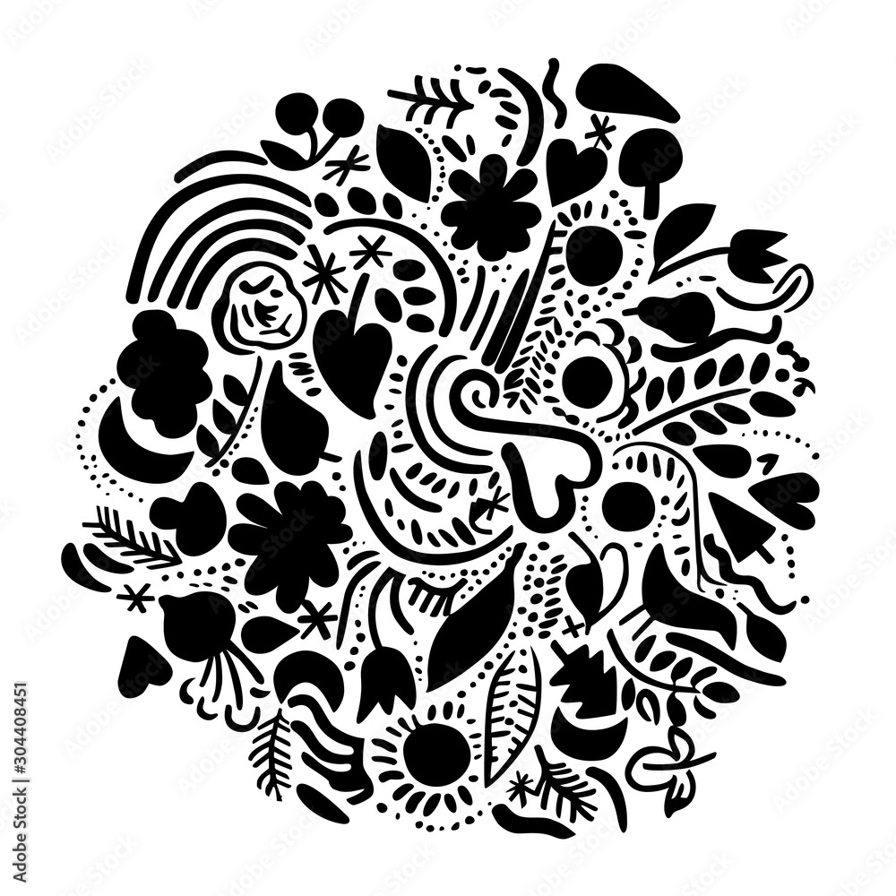 Calligraphic round illustration of planet Earth made of small nature, ecology related symbols to celebrate, support ecosystem. World Environment Day cause. Flowers, leaves, bird, heart shape in ink Calligraphic round illustration of planet Earth made of small nature, ecology related symbols to celebrate, support ecosystem. World Environment Day cause. Flowers, leaves, bird, heart shape in ink