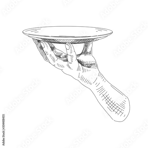Hand holding plate hand drawn sketch illustration