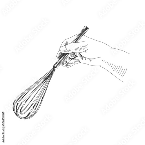 Hands with kitchen whisk hand drawn illustration