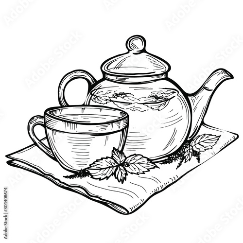 Hand drawn vector sketch of Healthy green tea cup with tea leaves. Cup of tea with mint, isolated on white