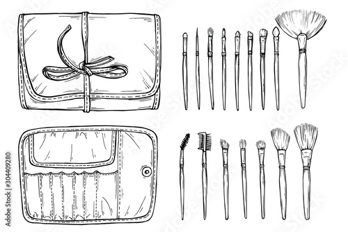 Hand drawn make up case with brush any size for professional makeup artist. Tools for make-up artist.