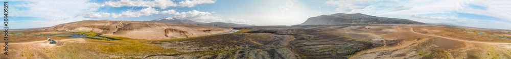 Amazing landscape of Landmannalaugar magnificent highlands in summer season, aerial view from drone, Iceland