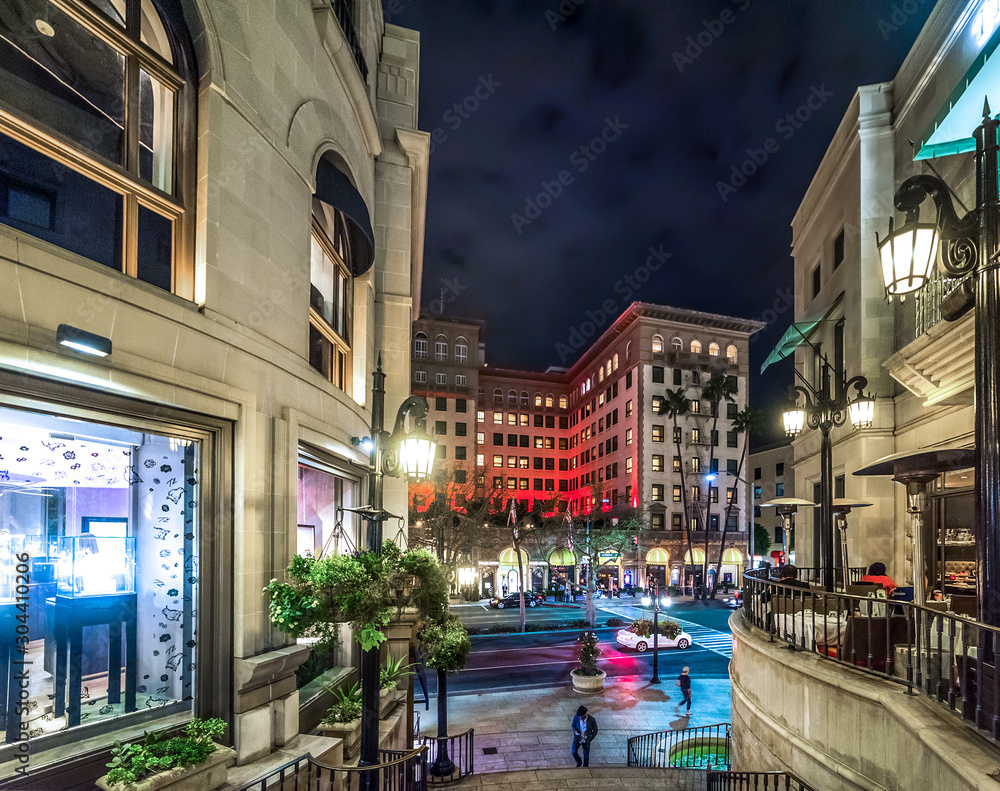 Elegant buildings in Rodeo Drive by night