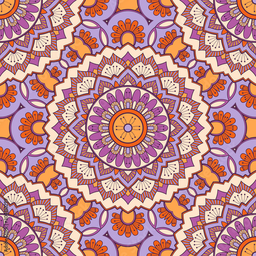 Decorative colorful ethnic seamless pattern for fabric or wrapping in oriental style. Hand drawn illustration