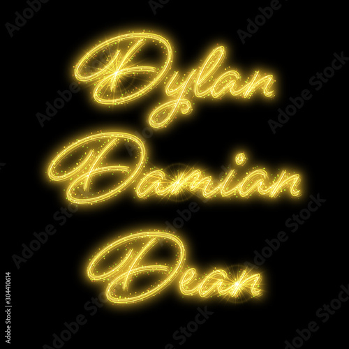 Male names made of sparkler. Design element for birthday card, bachelor party or wedding invitation