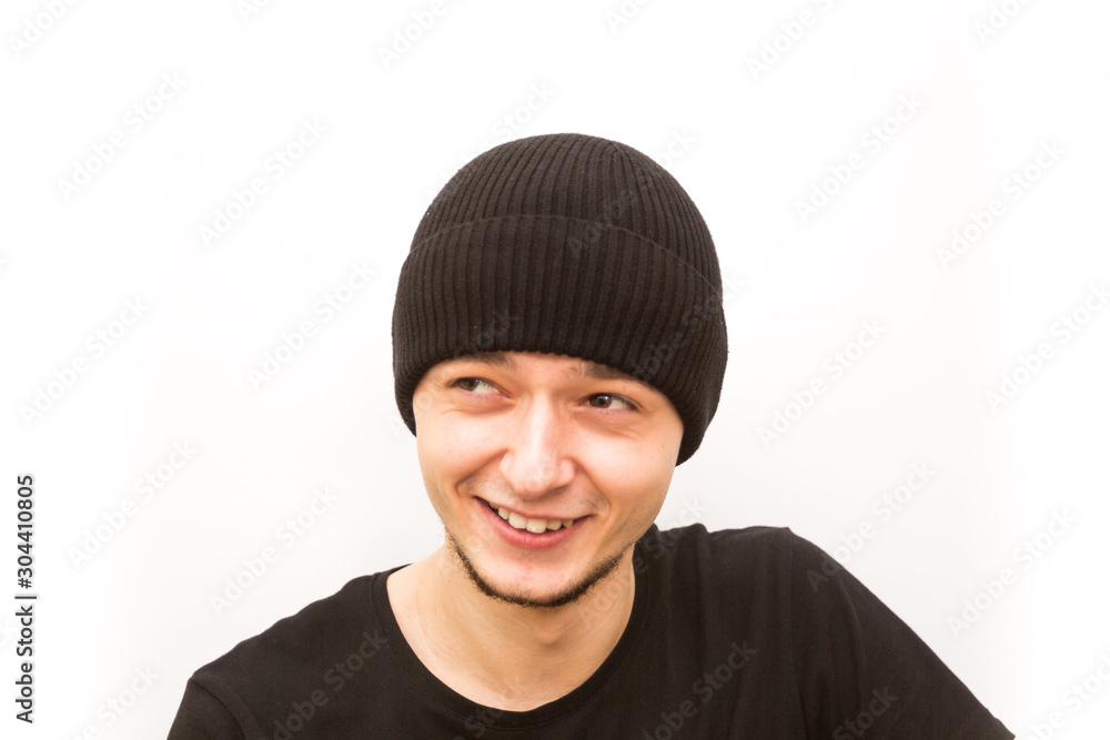 emotion grin, young man in a black cap on a white background, man emoji emotion grin, young man in a black cap on a white background, man emoji