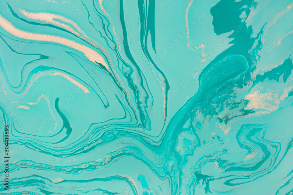 Mint green and white paint marbling flow background. - obrazy, fototapety, plakaty 