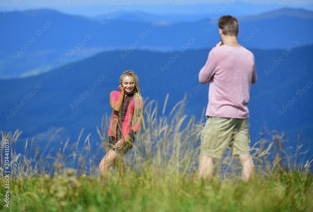 Spending nice time. romantic date. Valentines day. sense of freedom. Traveling couple make photo. man and woman in mountains. couple in love. Family relationship. happy to be together