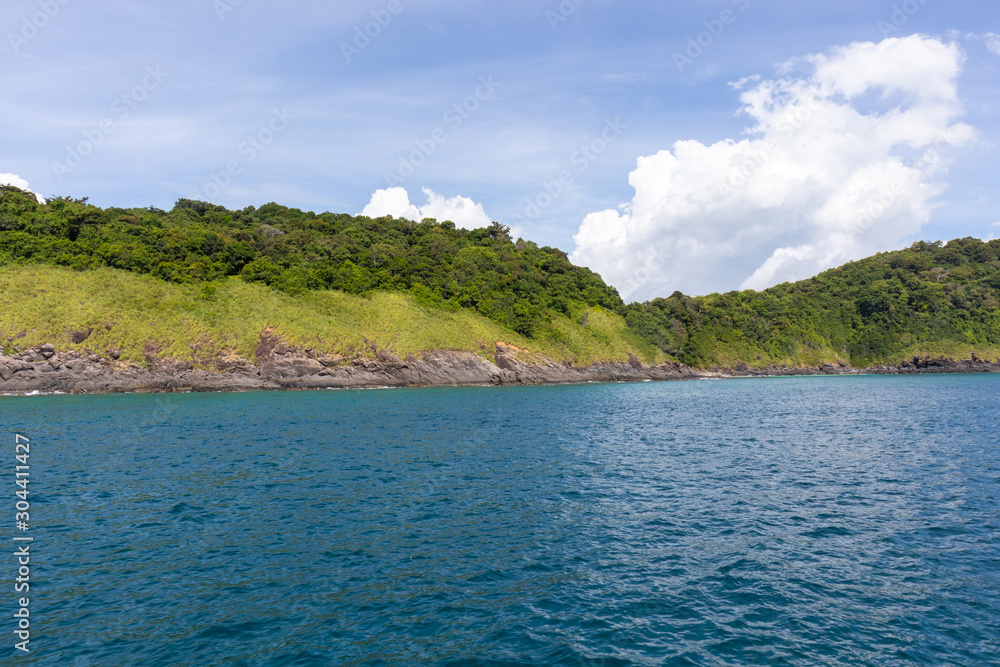 mountain stone coast and sea view in yacht cruise at Phuket, Thailand mountain stone coast and sea view in yacht cruise at Phuket, Thailand