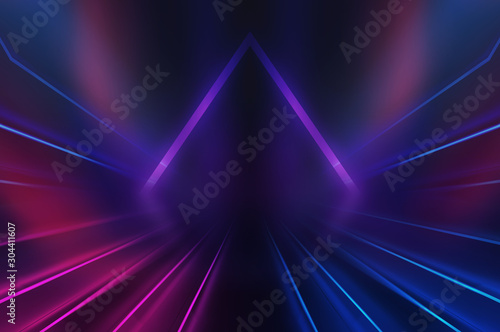 Empty background scene. Dark street reflection on wet asphalt. Rays of neon light in the dark, neon shapes, smoke. Background of an empty stage show. Abstract dark background.