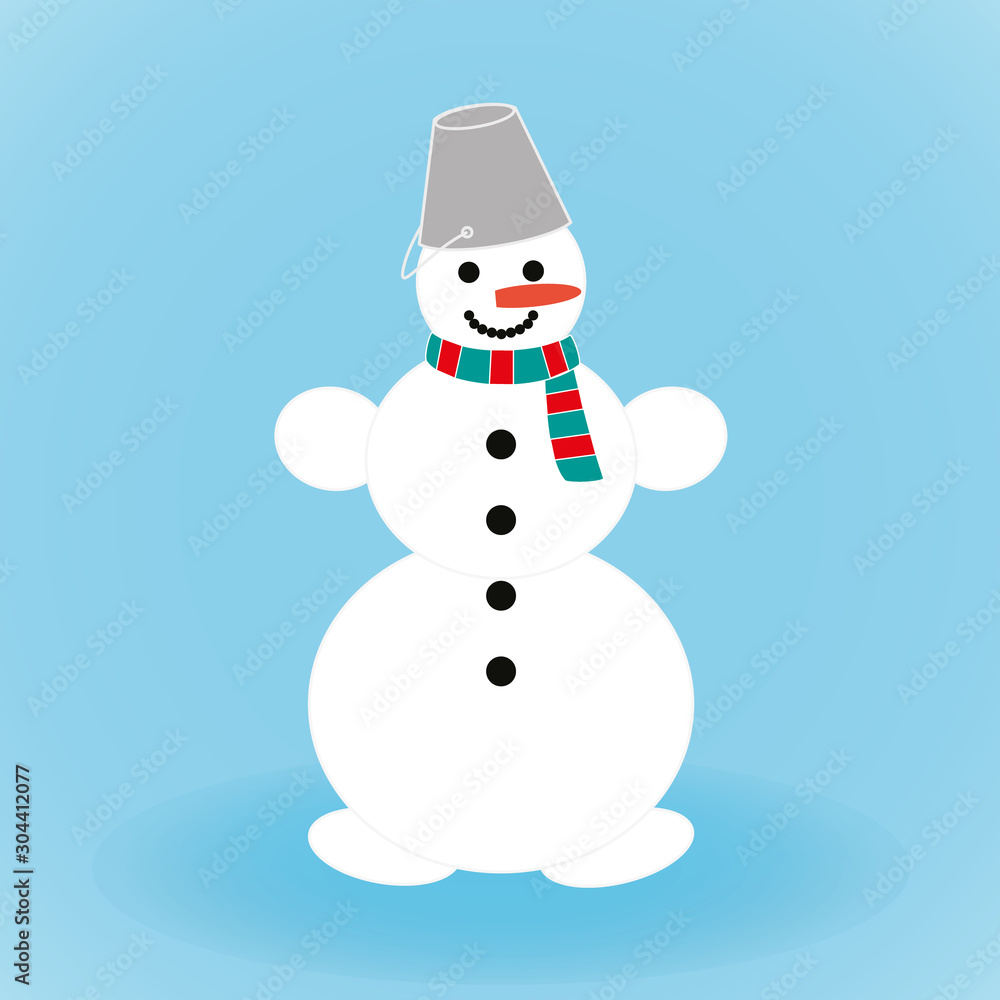 White isolated snowman with scarf and bucket