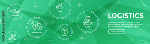 Logistics icon set and web header banner with buildings, trucking, people and shipping box