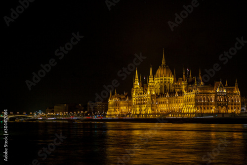View on the The Hungarian Parliament Building, beside the Danube River. European travel. Night scene. Budapest. Hungarian landmarks.
