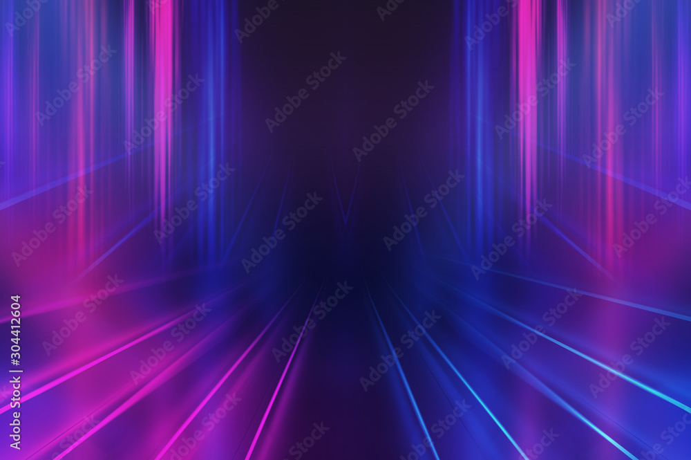Fototapeta premium Empty background scene. Dark street reflection on wet asphalt. Rays of neon light in the dark, neon shapes, smoke. Background of an empty stage show. Abstract dark background.