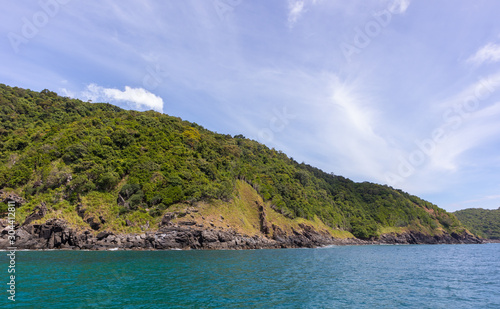 mountain stone coast and sea view in yacht cruise at Phuket, Thailand