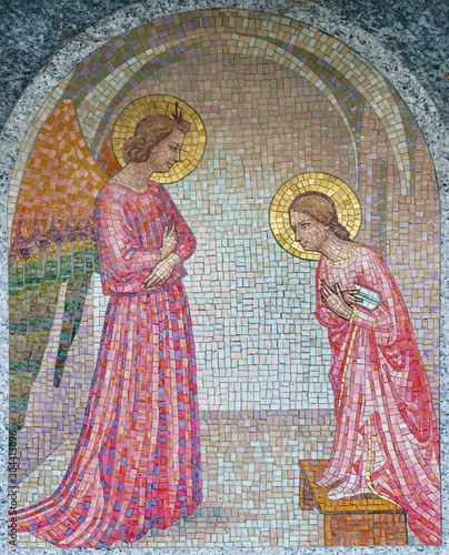 COMO, ITALY - MAY 9, 2015: The mosaic of Annunciation from the cemetery of village Brunate.