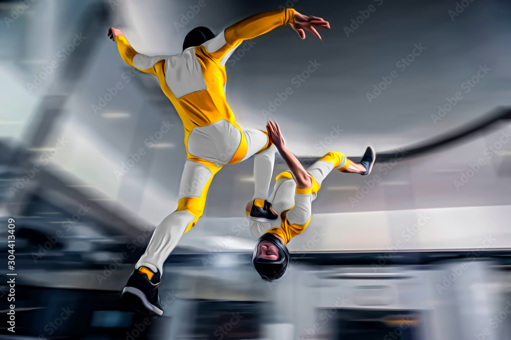 Virtual. Indoor skydiving in wind tunnel. People fly like in virtual world