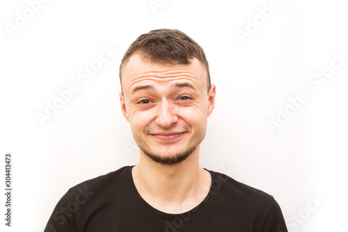 emotion blush, young man in a black cap on a white background, man emoji