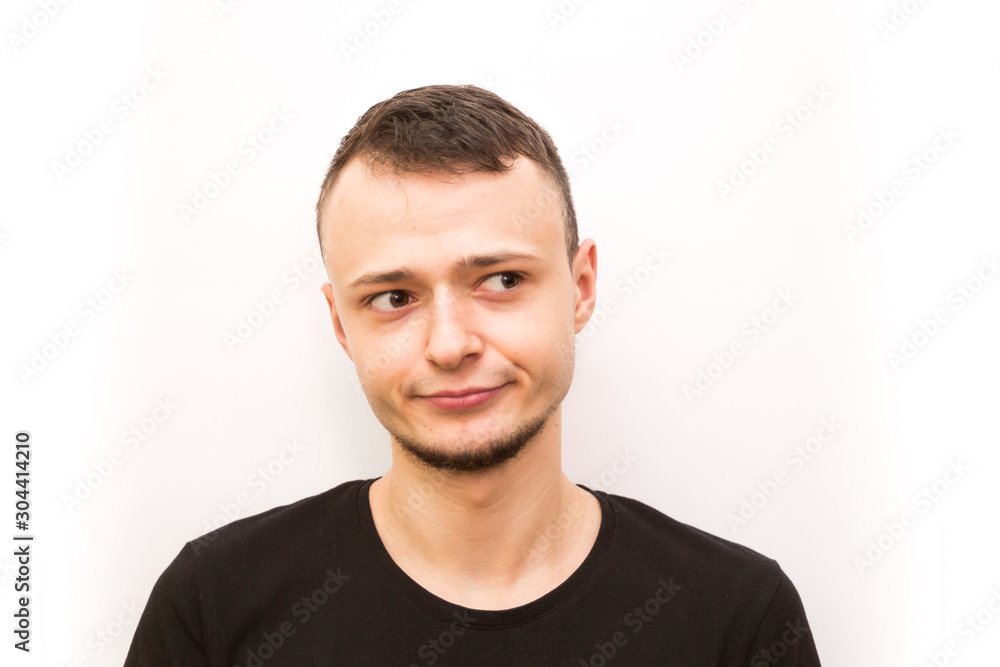 emotion smirk, young man in a black cap on a white background, man emoji emotion smirk, young man in a black cap on a white background, man emoji