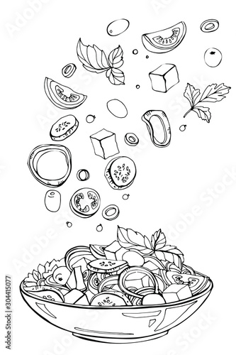 Hand drawn sketch of fresh salad with greens, olives, cherry tomatoes, onions, cheese and cucumber. Organic food. Vector illustration on white background.
