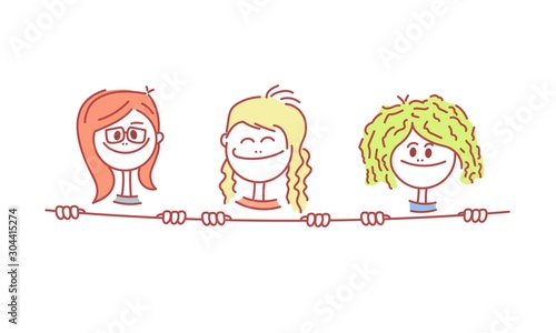 Three hand drawn girls on the background. Vector.