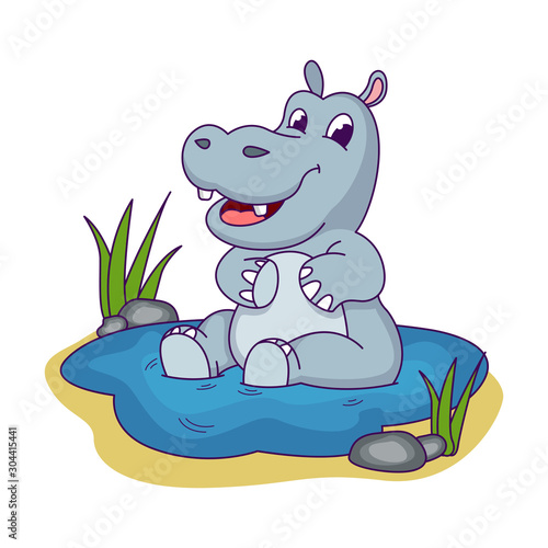 Cute hippopotamus on the puddle, vector cartoon illustration