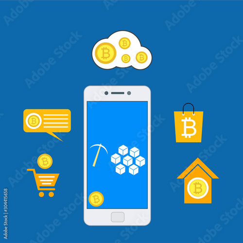 Concept Mobile bitcoin wallet and mobile payments easy to use and highly customizable. Modern vector illustration concept, isolated on colored background.