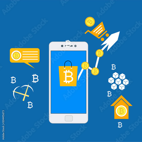 Concept Mobile bitcoin wallet and mobile payments easy to use and highly customizable. Modern vector illustration concept, isolated on colored background.