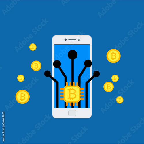 Concept Mobile bitcoin wallet and mobile payments easy to use and highly customizable. Modern vector illustration concept, isolated on colored background.